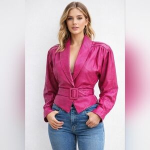 Vintage 1980s Chia Hot Pink Leather Cropped Jacket Belted Power Blazer 28" Waist